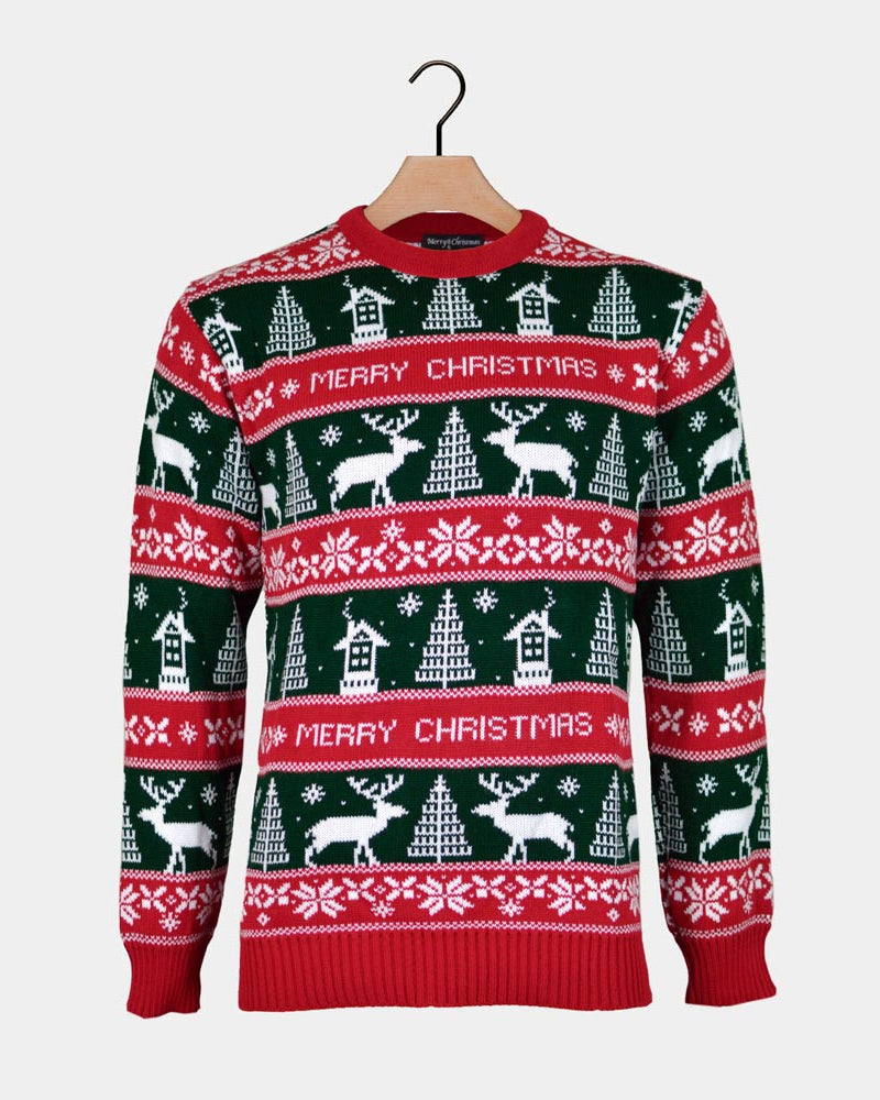 Red and Green Strips Christmas Jumper Couples