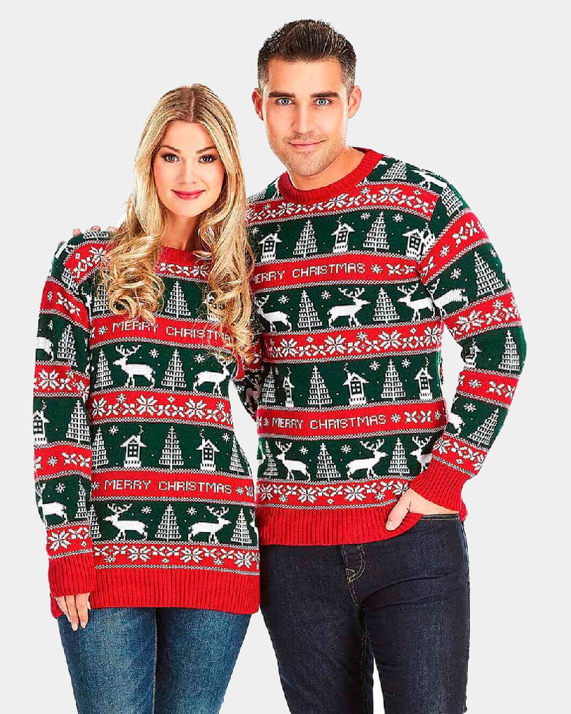 Red and Green Strips Couple's Christmas Jumper