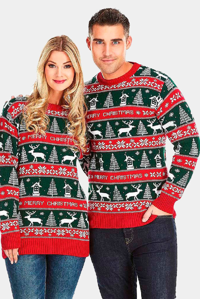 Red and Green Strips Couple's Christmas Jumper