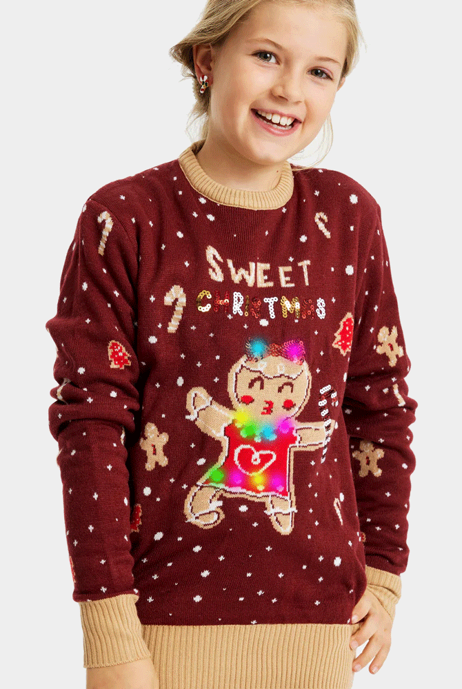 Red LED light-up Girls Christmas Jumper with Ginger Cookie