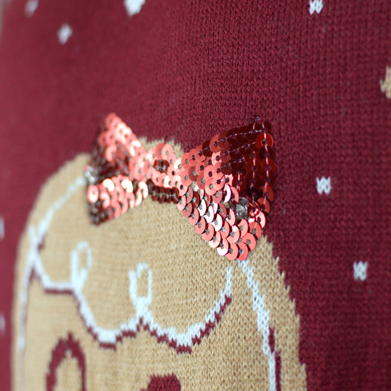 Red LED light-up Christmas Jumper with Ginger Cookie detail 2