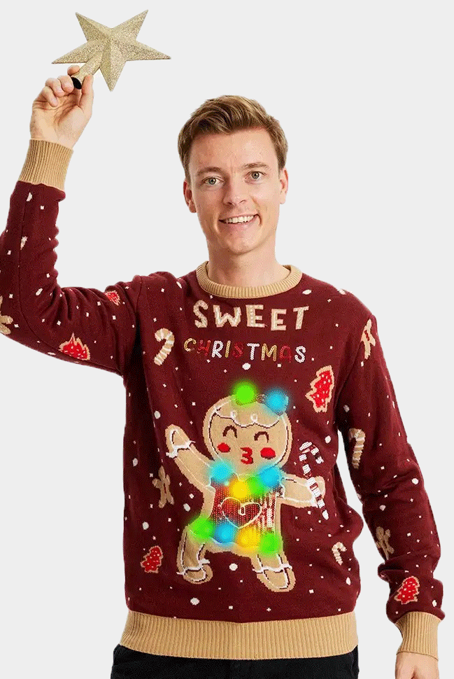 Red LED light-up Christmas Jumper with Ginger Cookie mens