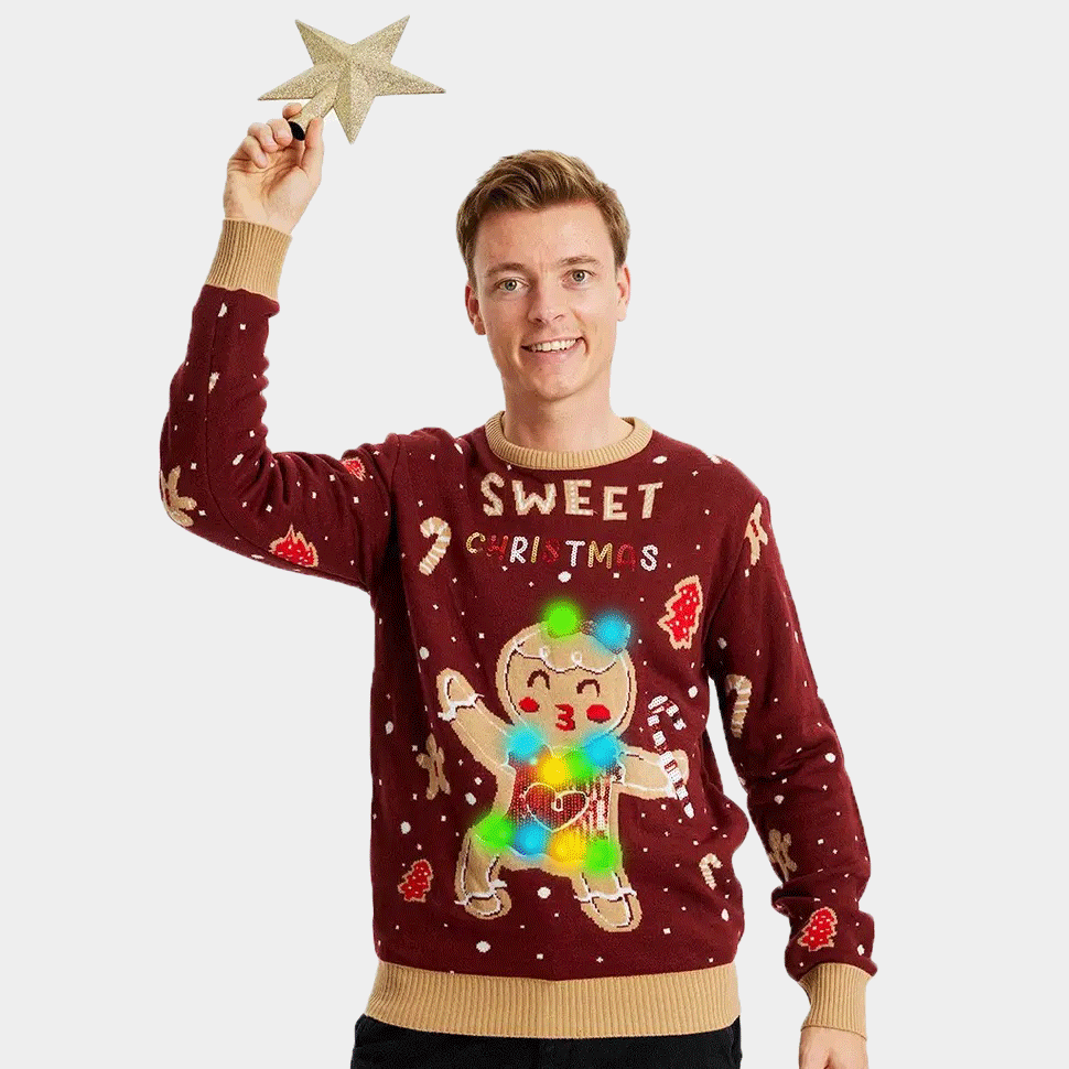 Red LED light-up Christmas Jumper with Ginger Cookie mens