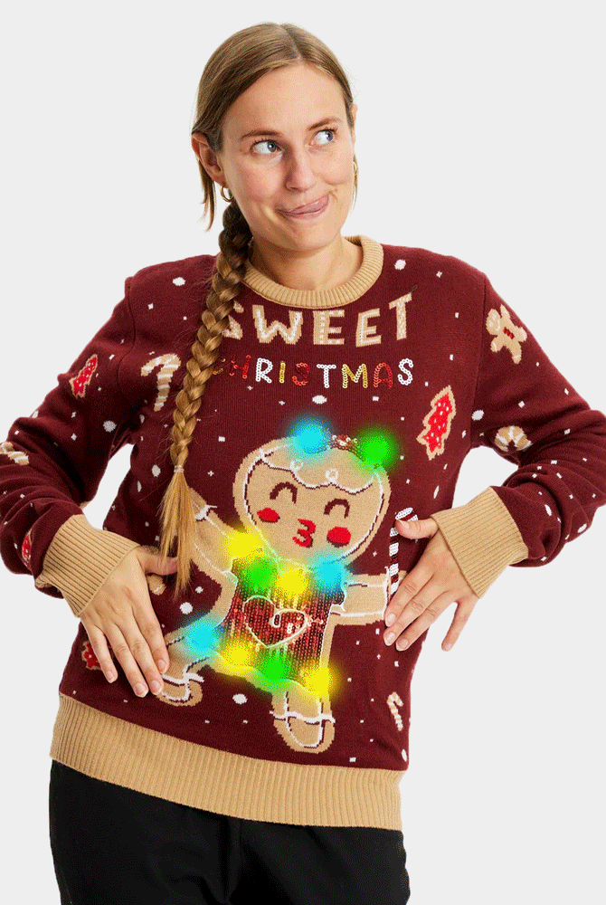 Red LED light-up Christmas Jumper with Ginger Cookie womens