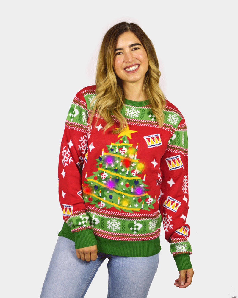 Red LED light-up Christmas Jumper with Christmas Tree Womens