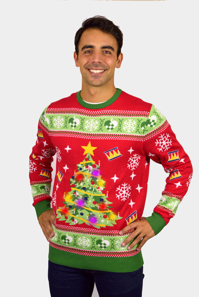 mens Red LED light-up Couple's Christmas Jumper with Christmas Tree
