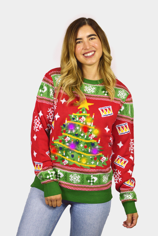 womens Red LED light-up Couple's Christmas Jumper with Christmas Tree