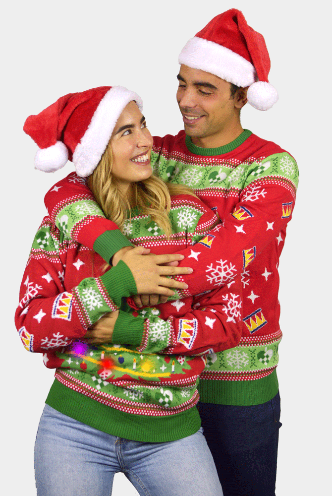 Red LED light-up Couple's Christmas Jumper with Christmas Tree