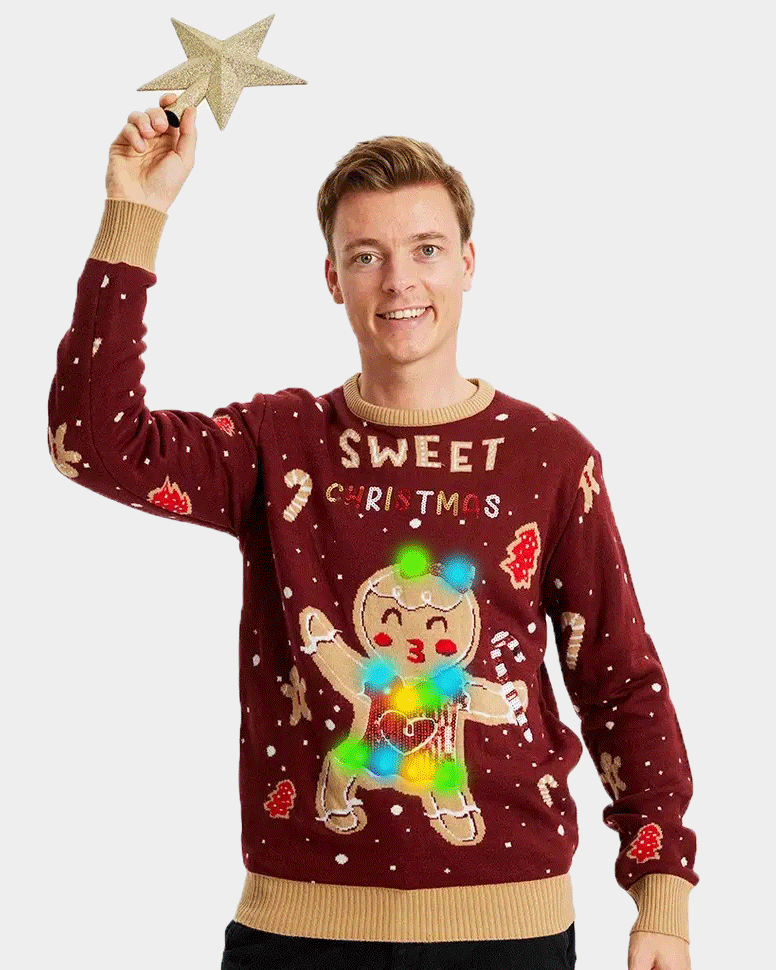 Red LED light-up Couple's Christmas Jumper with Ginger Cookie mens