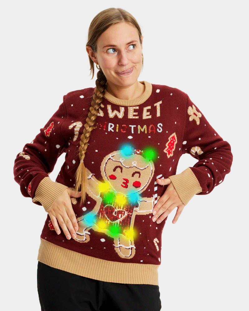 Red LED light-up Couple's Christmas Jumper with Ginger Cookie womens