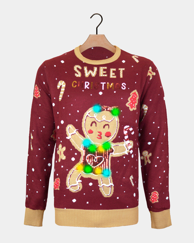Red LED light-up Couple's Christmas Jumper with Ginger Cookie
