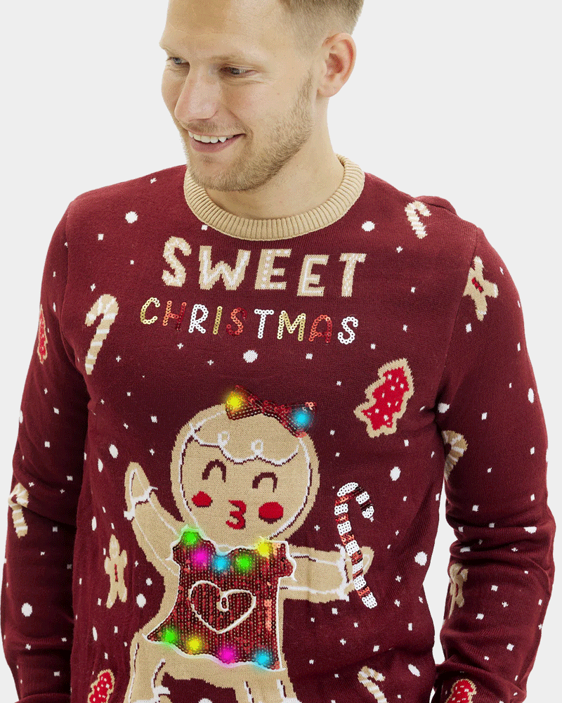 Red LED light-up Couples Mens Christmas Jumper with Ginger Cookie