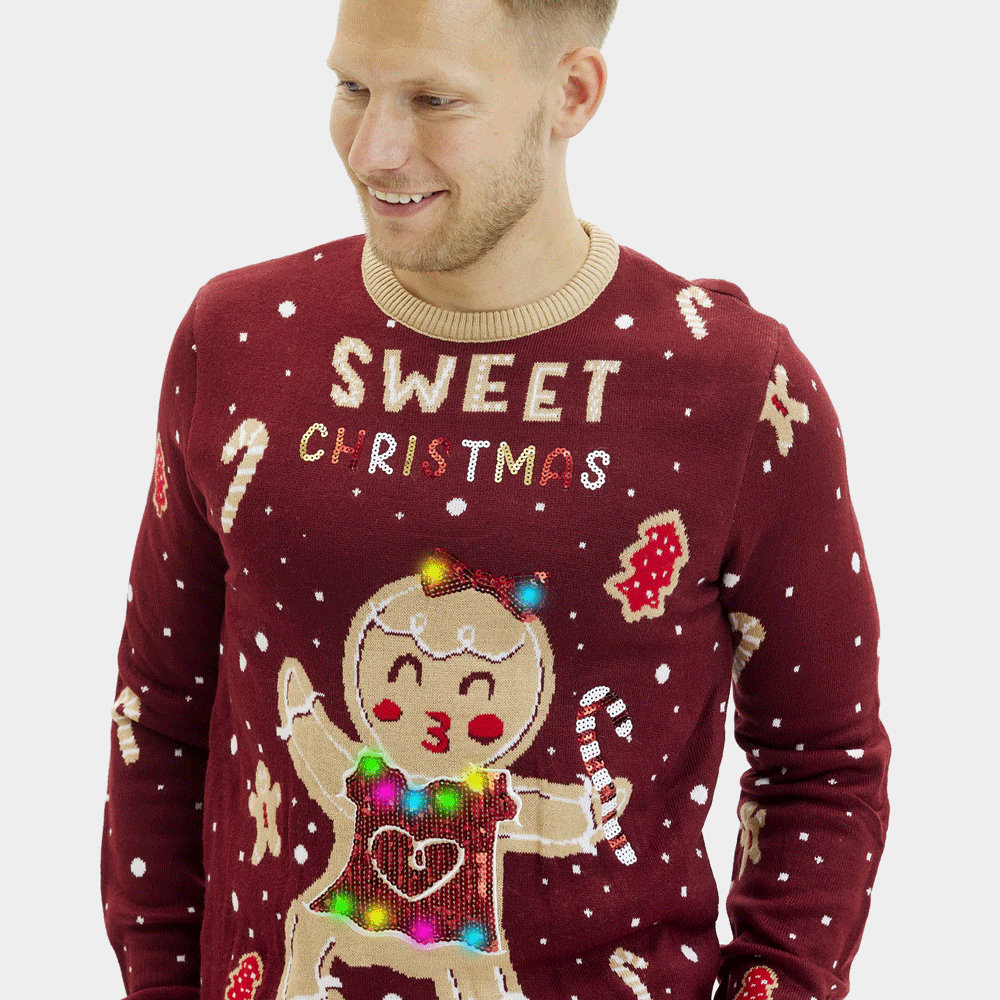 Red LED light-up Couples Mens Christmas Jumper with Ginger Cookie