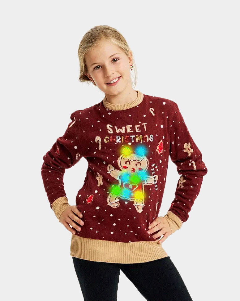 Red LED light-up Family Christmas Jumper with Ginger Cookie girls