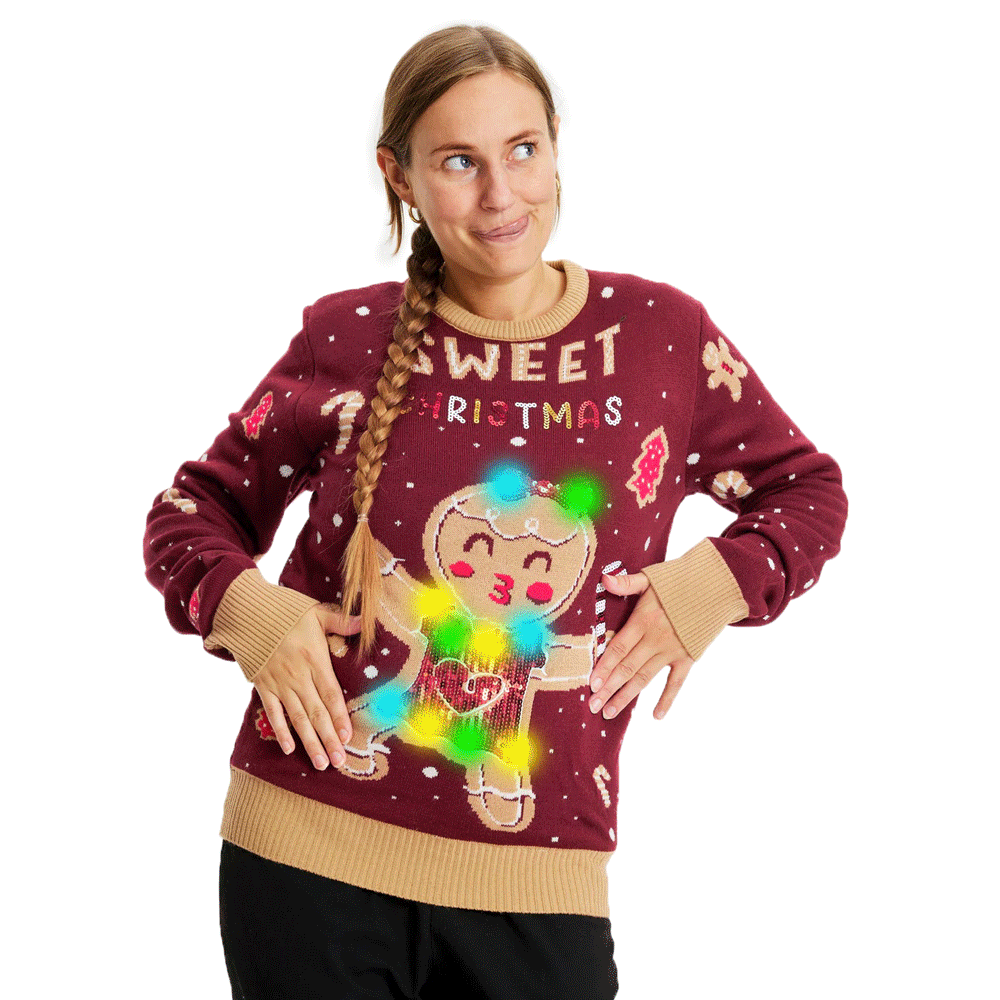 Red LED light-up Family Christmas Jumper with Ginger Cookie womens