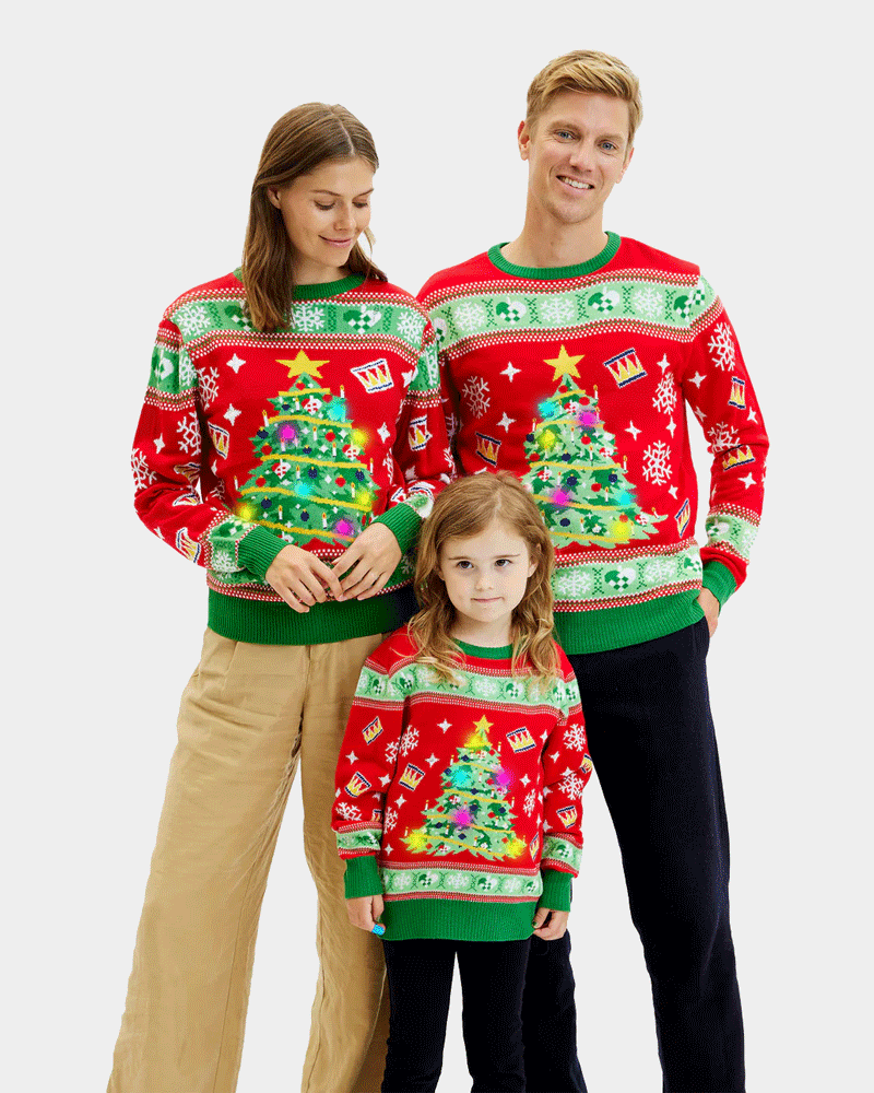 Red LED light-up Family Christmas Jumper with Christmas Tree