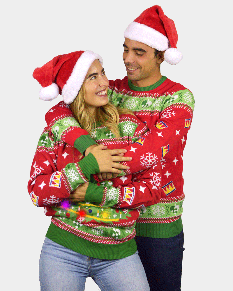 Red LED light-up Family Christmas Jumper with Christmas Tree Mens and Womens