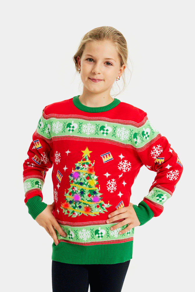 Red LED light-up Girls Christmas Jumper with Christmas Tree