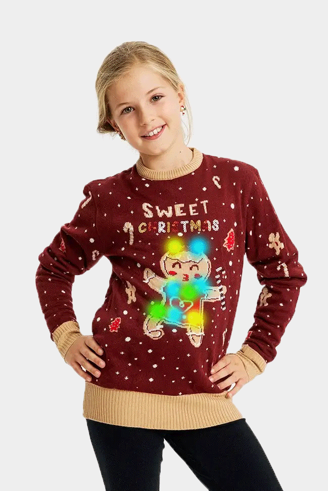Red LED light-up Girls Christmas Jumper with Ginger Cookie