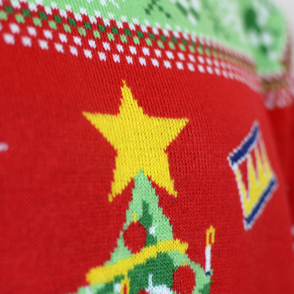 Red LED light-up Men's Christmas Jumper with Christmas Tree detail