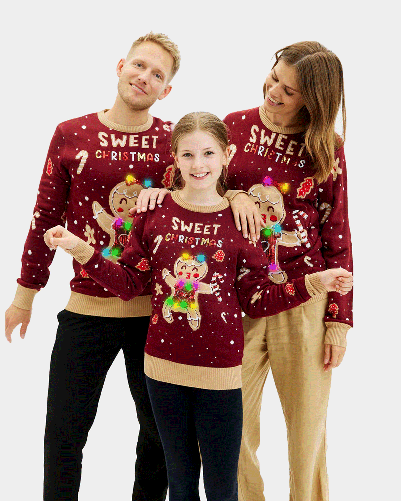 Red LED light-up Mens Family Christmas Jumper with Ginger Cookie