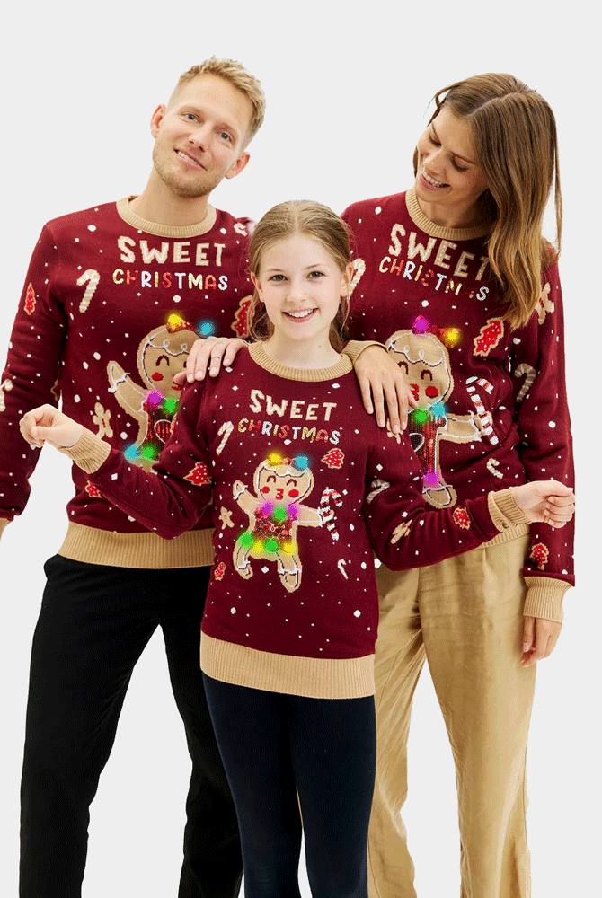 Red LED light-up Mens Family Christmas Jumper with Ginger Cookie