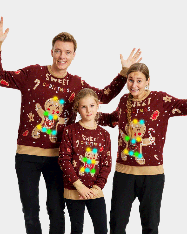 Red LED light-up Men's Christmas Jumper with Ginger Cookie family