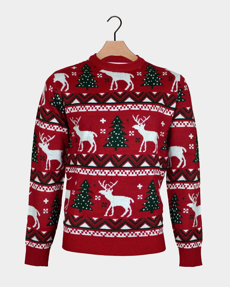Red Men's Christmas Jumper with Reindeers and Christmas Trees