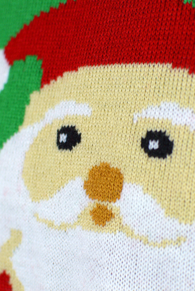 Red Men's Christmas Jumper with Santa and Reindeer Greeting detail