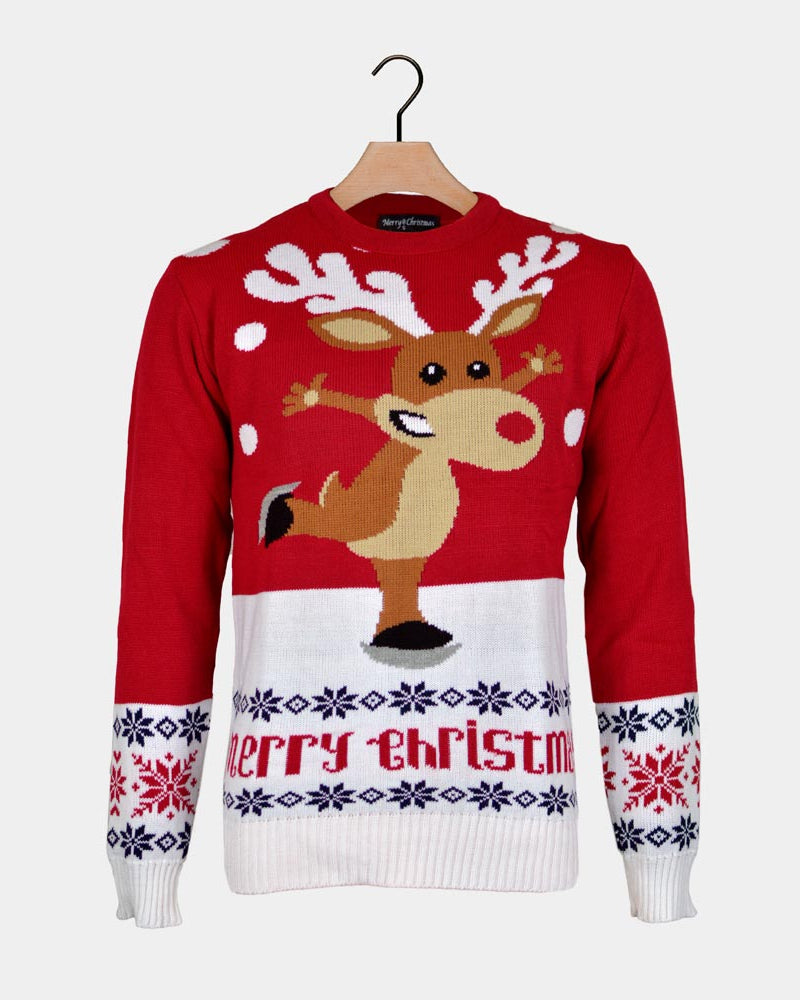 Red Men's Christmas Jumper with Skating Reindeer