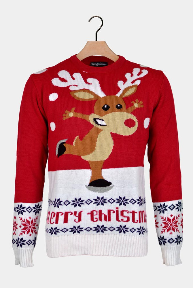 Red Men's Christmas Jumper with Skating Reindeer