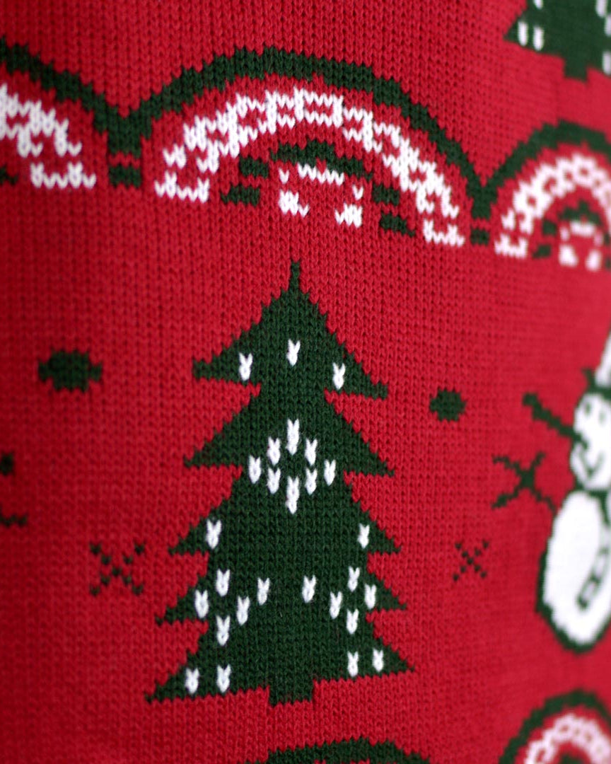 detail Red Men's Christmas Jumper with Trees and Snowmens
