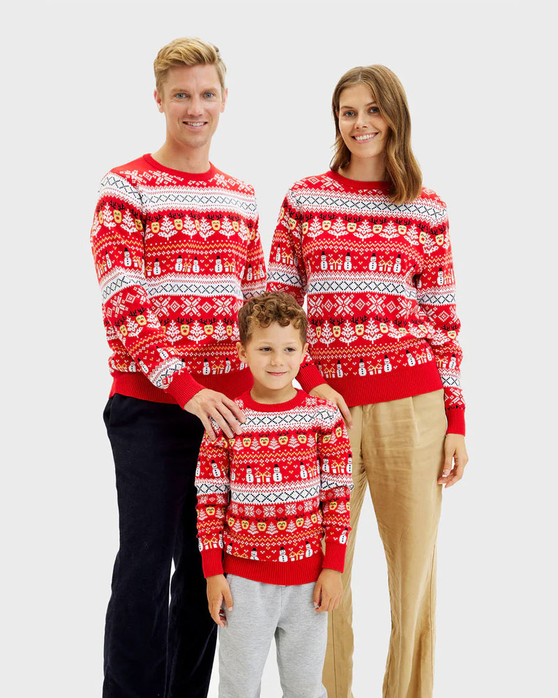 Red Organic Cotton Family Christmas Jumper Snowmen Trees