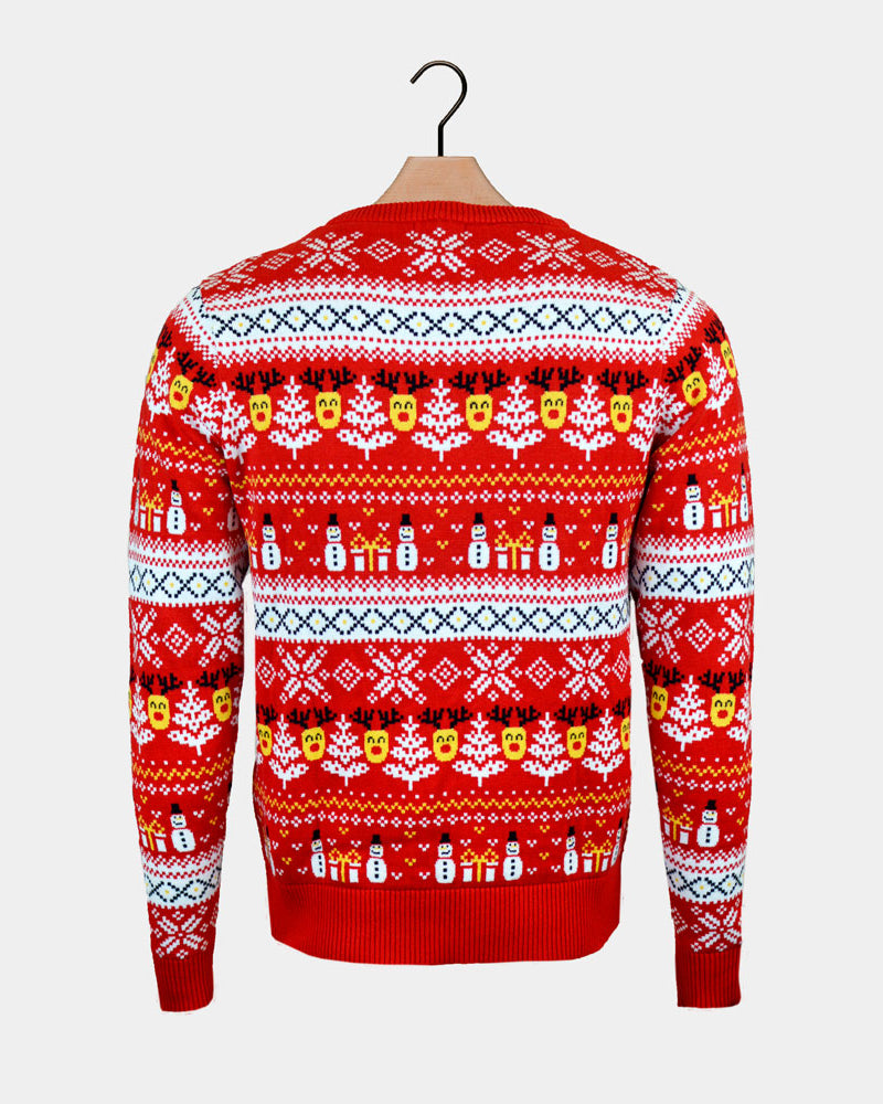 Organic Cotton Mens Red Christmas Jumper Snowmen and Trees