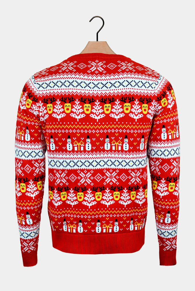 Organic Cotton Mens Red Christmas Jumper Snowmen and Trees