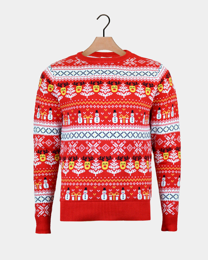 Red Organic Cotton Christmas Jumper Snowmen and Trees Womens
