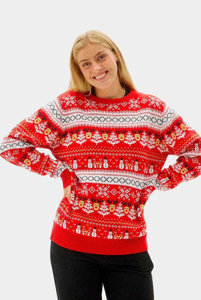 Red Organic Cotton Couple's Christmas Jumper with Snowmen and Trees womens
