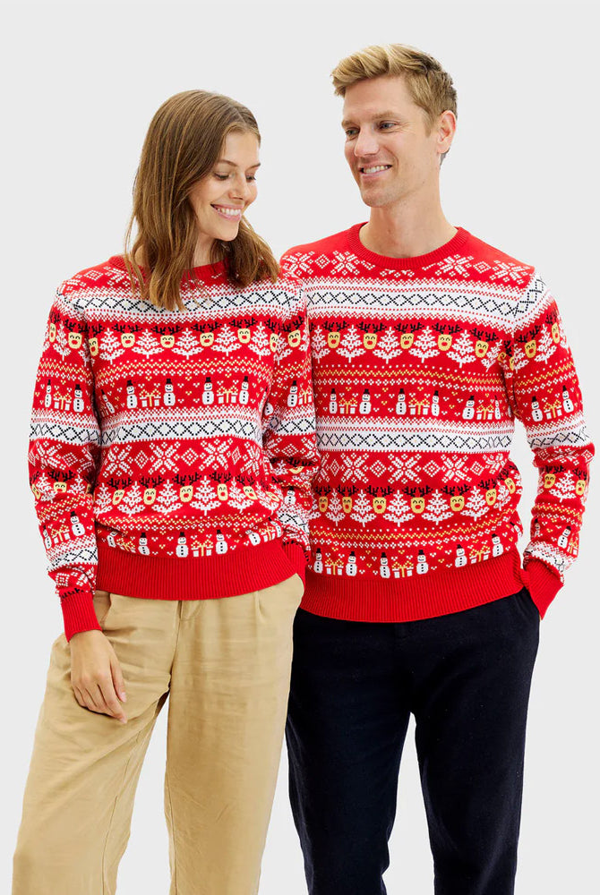 Red Organic Cotton Couples Christmas Jumper Snowmen and Trees