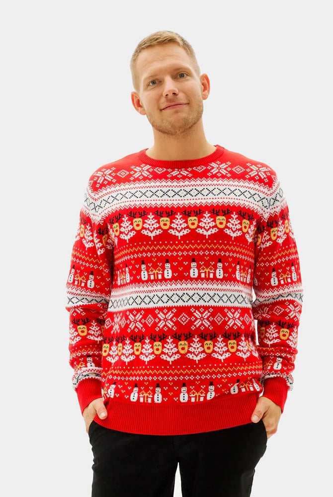 Red Organic Cotton Men's Christmas Jumper with Snowmen and Trees