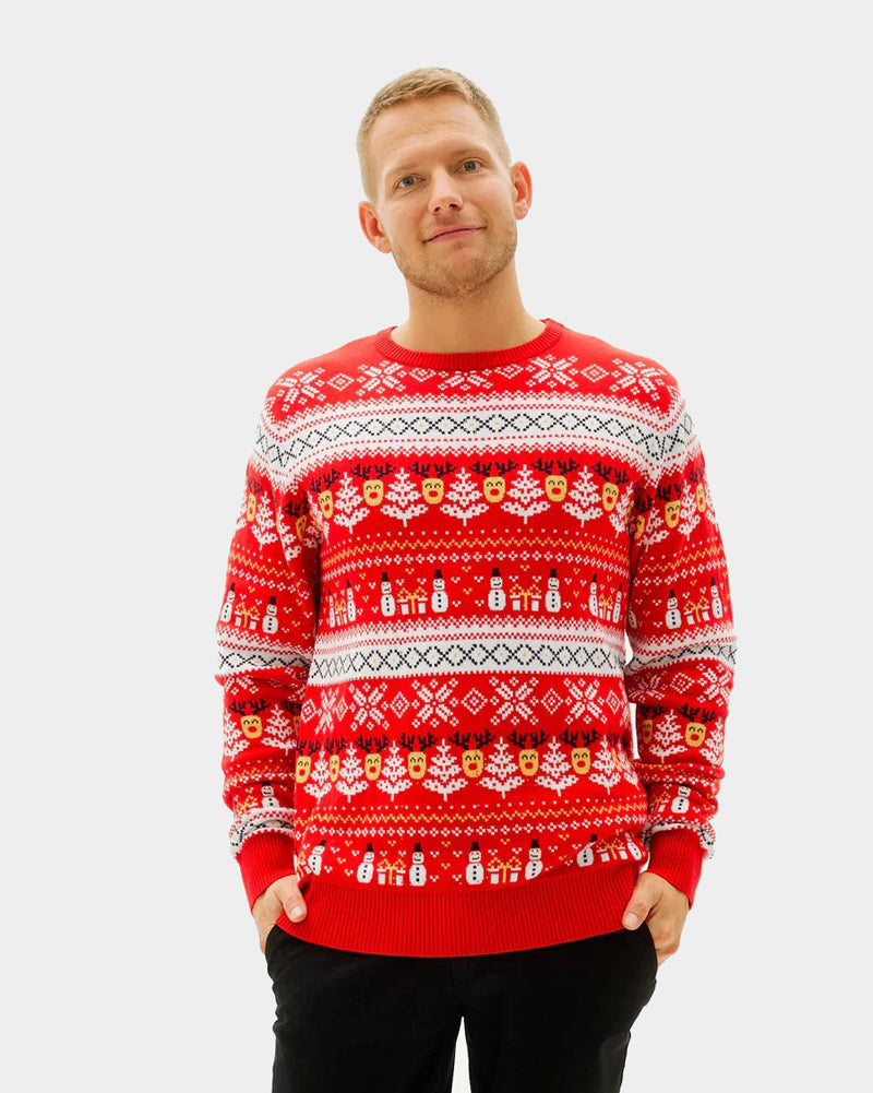 Red Organic Cotton Men's Christmas Jumper with Snowmen and Trees