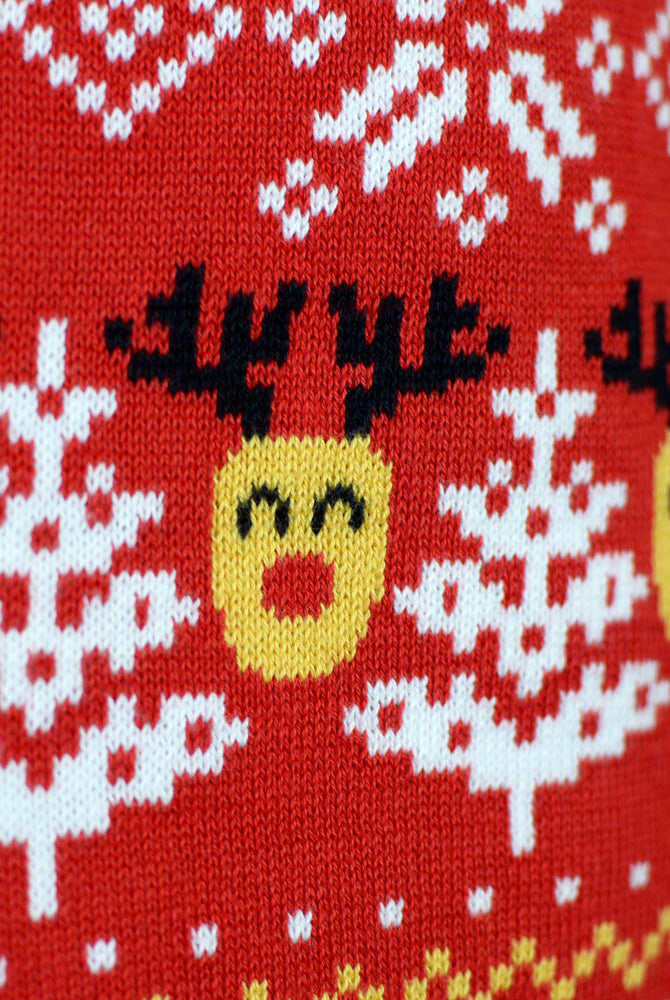 Red Organic Cotton Christmas Jumper Snowmen and Trees Mens