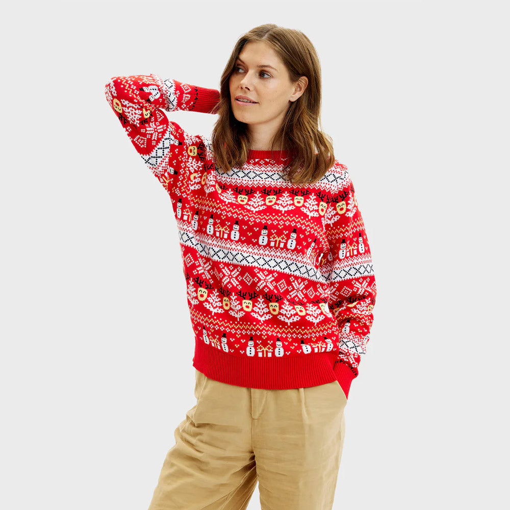 Red Organic Cotton Womens Christmas Jumper Snowmen and Trees