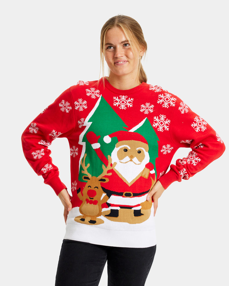Red Women's Christmas Jumper Santa Reindeer Greeting