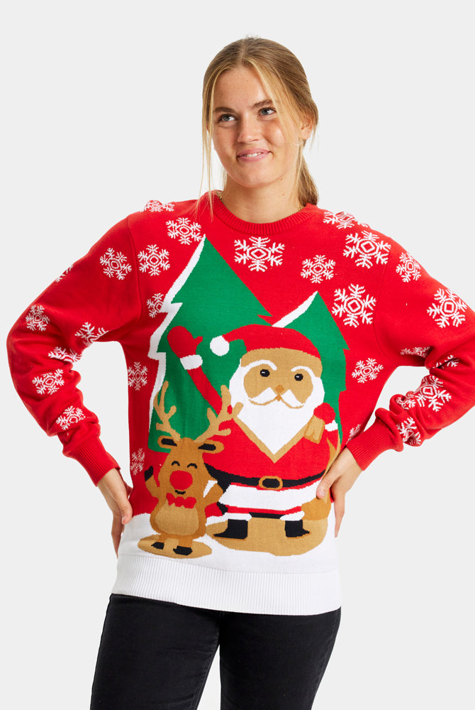 Red Women's Christmas Jumper Santa Reindeer Greeting