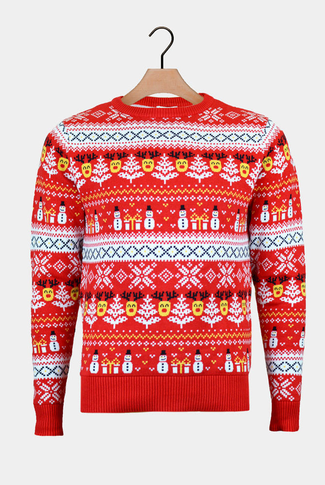 Couples Red Organic Cotton Christmas Jumper Snowmen and Trees