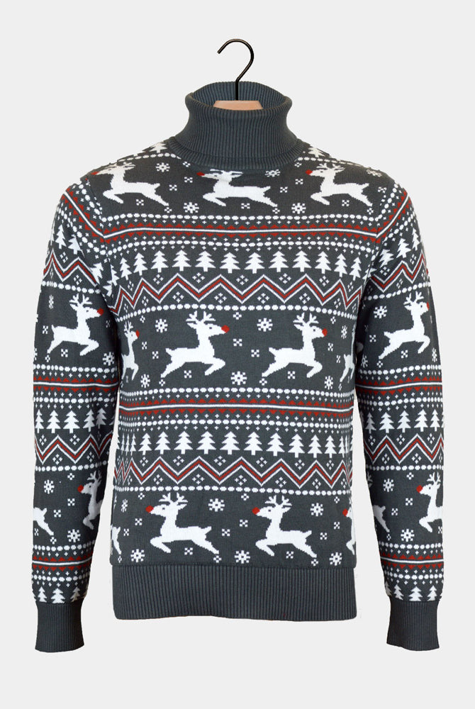 Turtleneck Organic Cotton Couples Christmas Jumper Reindeers Grey