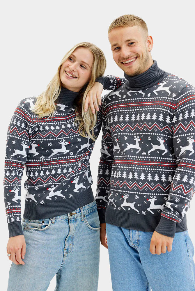 Turtleneck Organic Cotton Couple's Grey Christmas Jumper with Reindeers