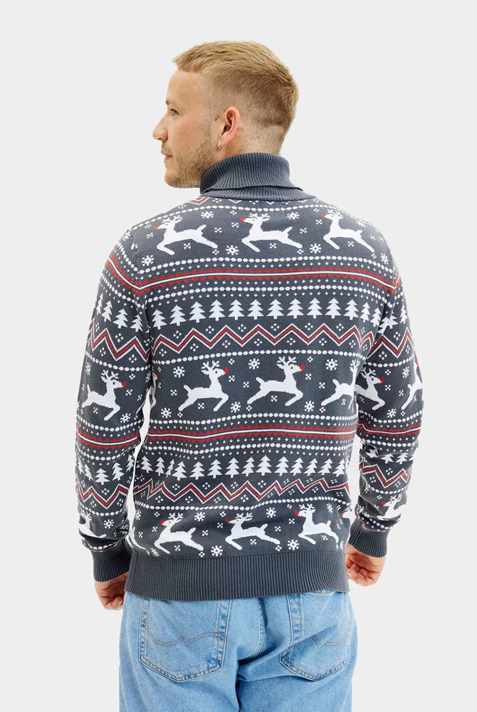 Turtleneck Organic Cotton Couple's Grey Christmas Jumper Mens Reindeers