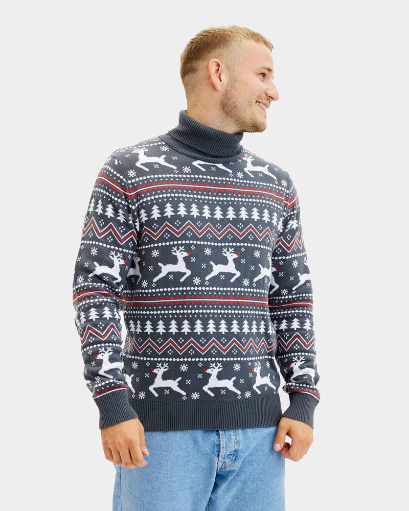 Organic Cotton Men's Grey Turtleneck Christmas Jumper with Reindeers