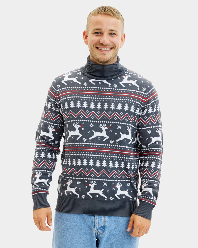 Turtleneck Organic Cotton Men's Grey Christmas Jumper with Reindeers